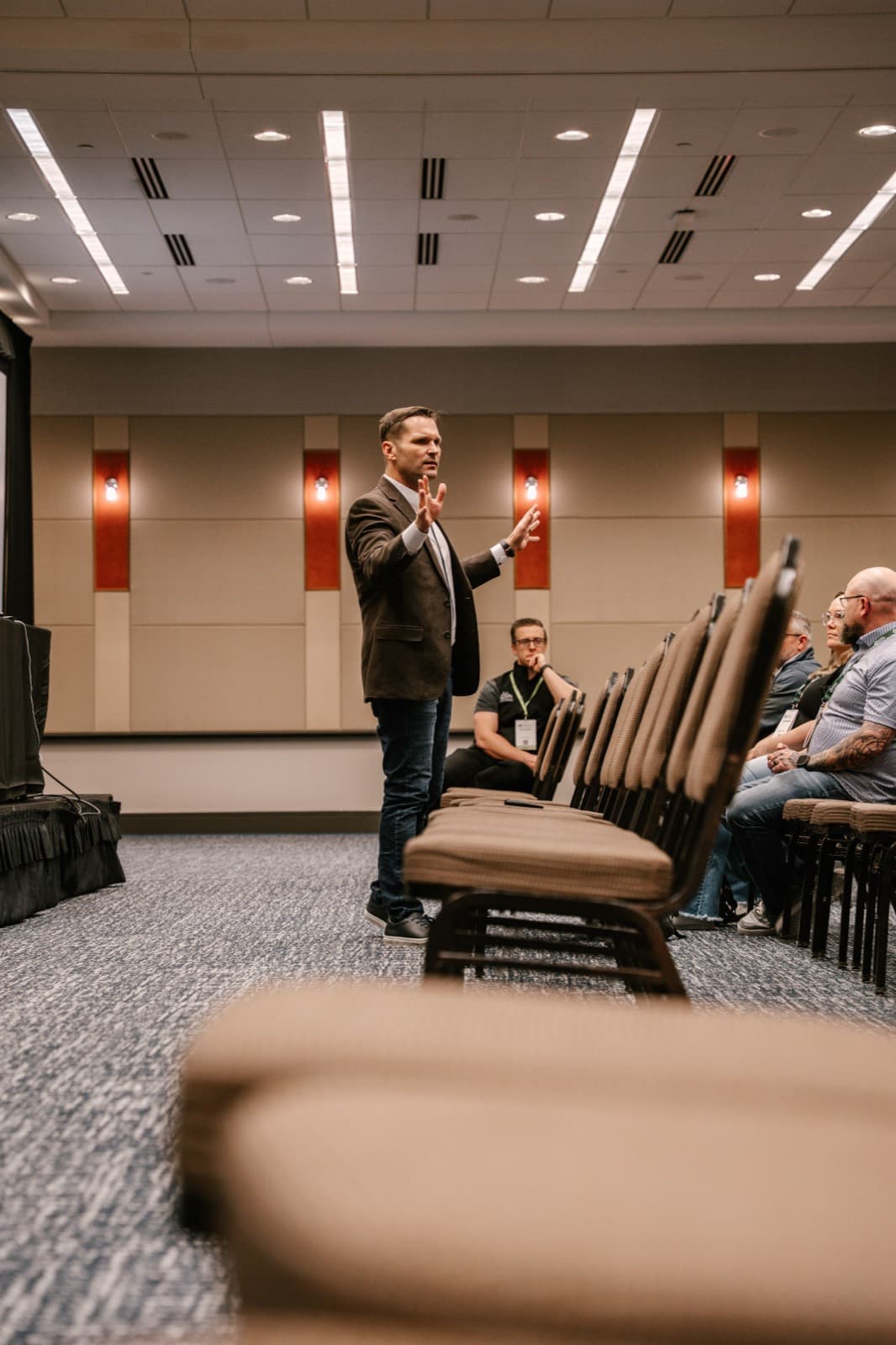 A speaker working the room during a breakout session