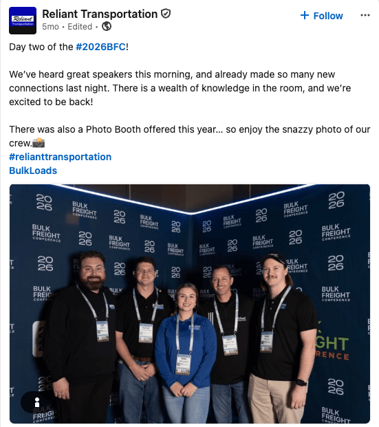Reliant Transportation post about the 2026 Bulk Freight Conference